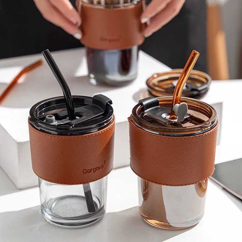 Gorgeous slub glass smoothie cup with straw and leather cover
